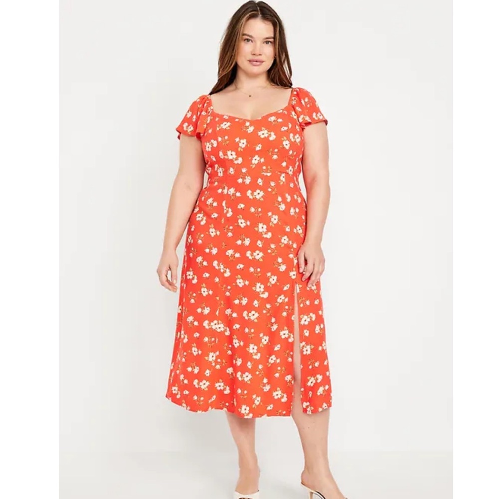 Flutter-Sleeve Crepe Midi Dress, blue with white floral, size XL NWT - Picture 8 of 10